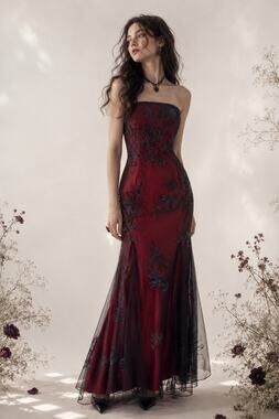 Vintage Cache Strapless Beaded Burgundy Black Evening Gown Mesh Dress Whimsygoth
